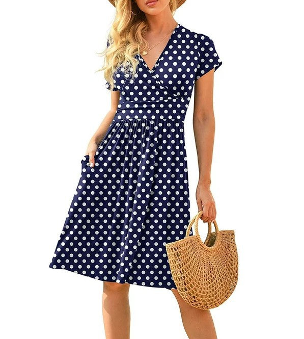 Womens Short-Sleeve Printed Pocket Mid-Length Cinched Dress