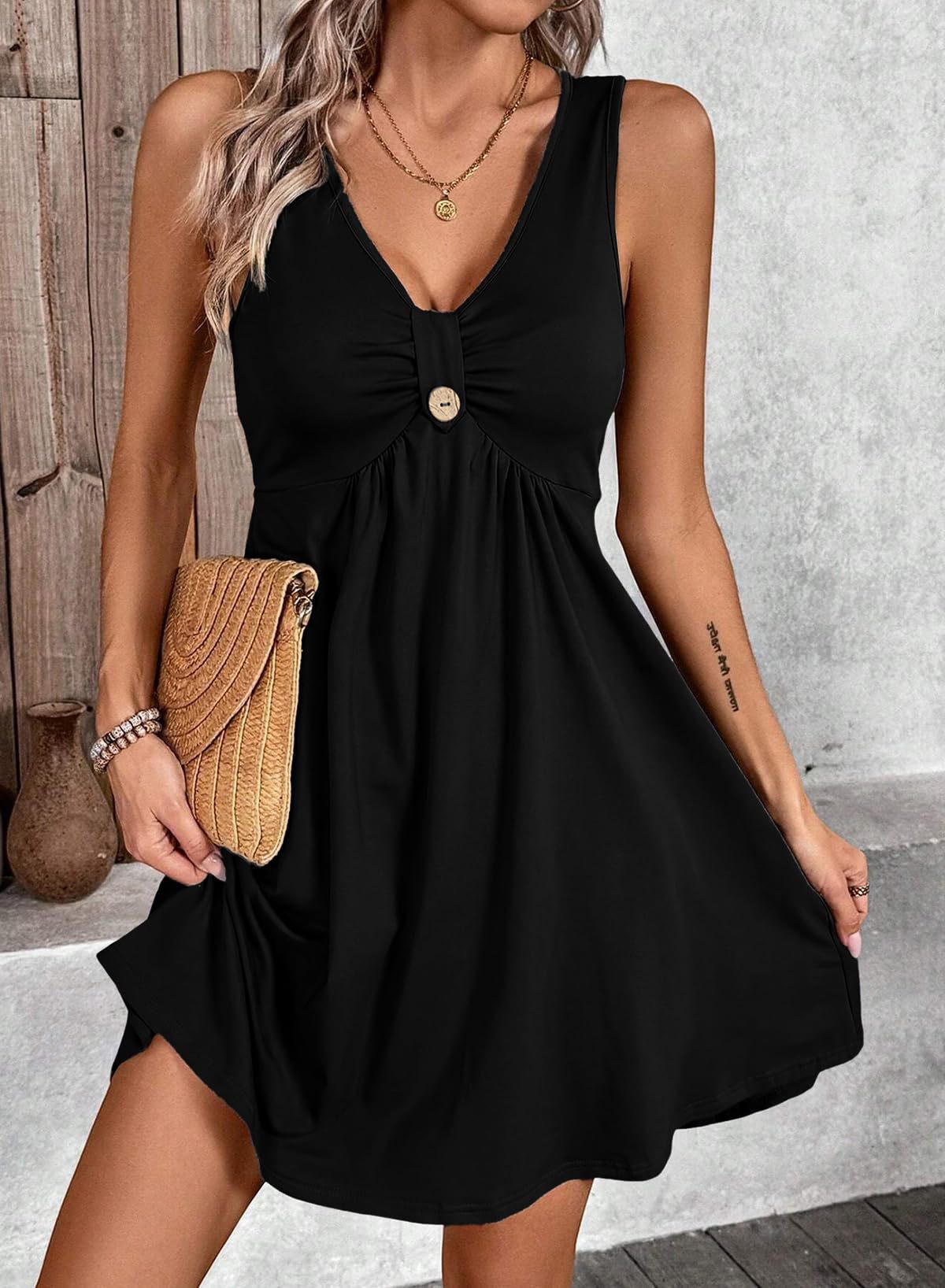 Womens Solid Color V-Neck Buttoned Short-Sleeve Dress