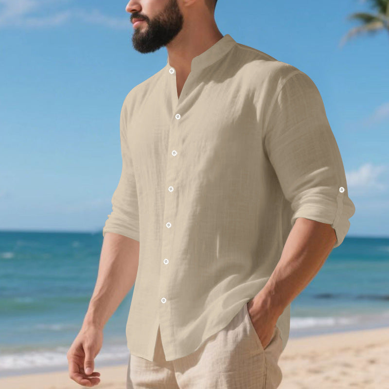Men's Linen Casual Stand-Collar Shirt And Loose-Fit Trousers Set
