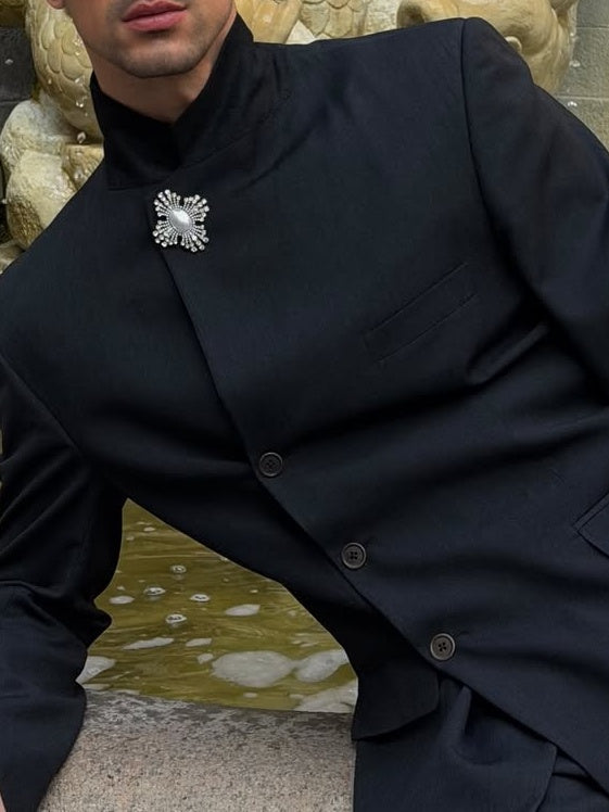 Black Mandarin Collar Zhongshan Style Suit Set