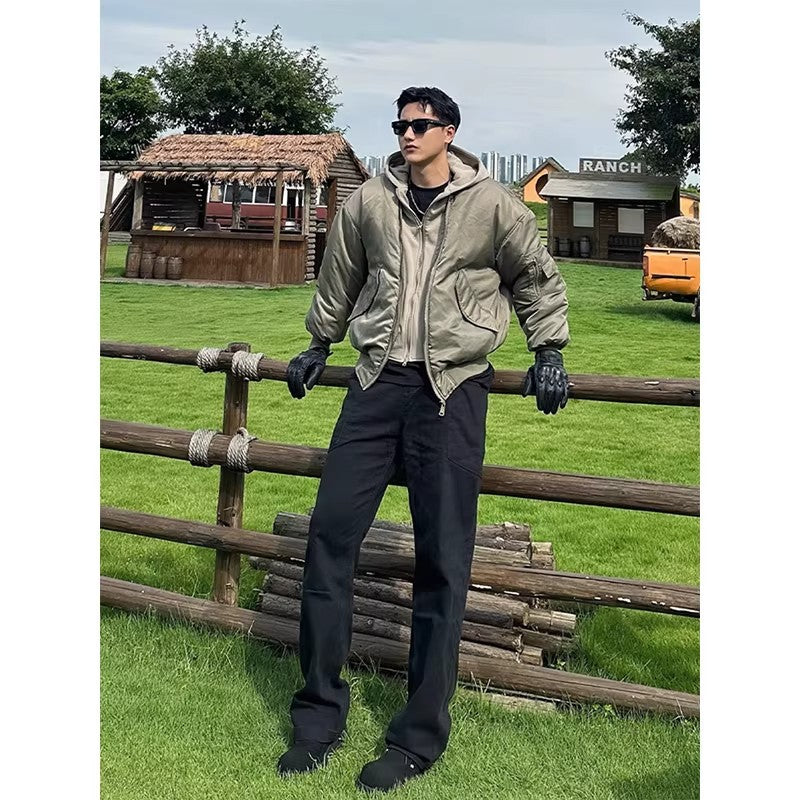 Mens Black Faux Two-Piece Hooded Flight Jacket Padded Coat