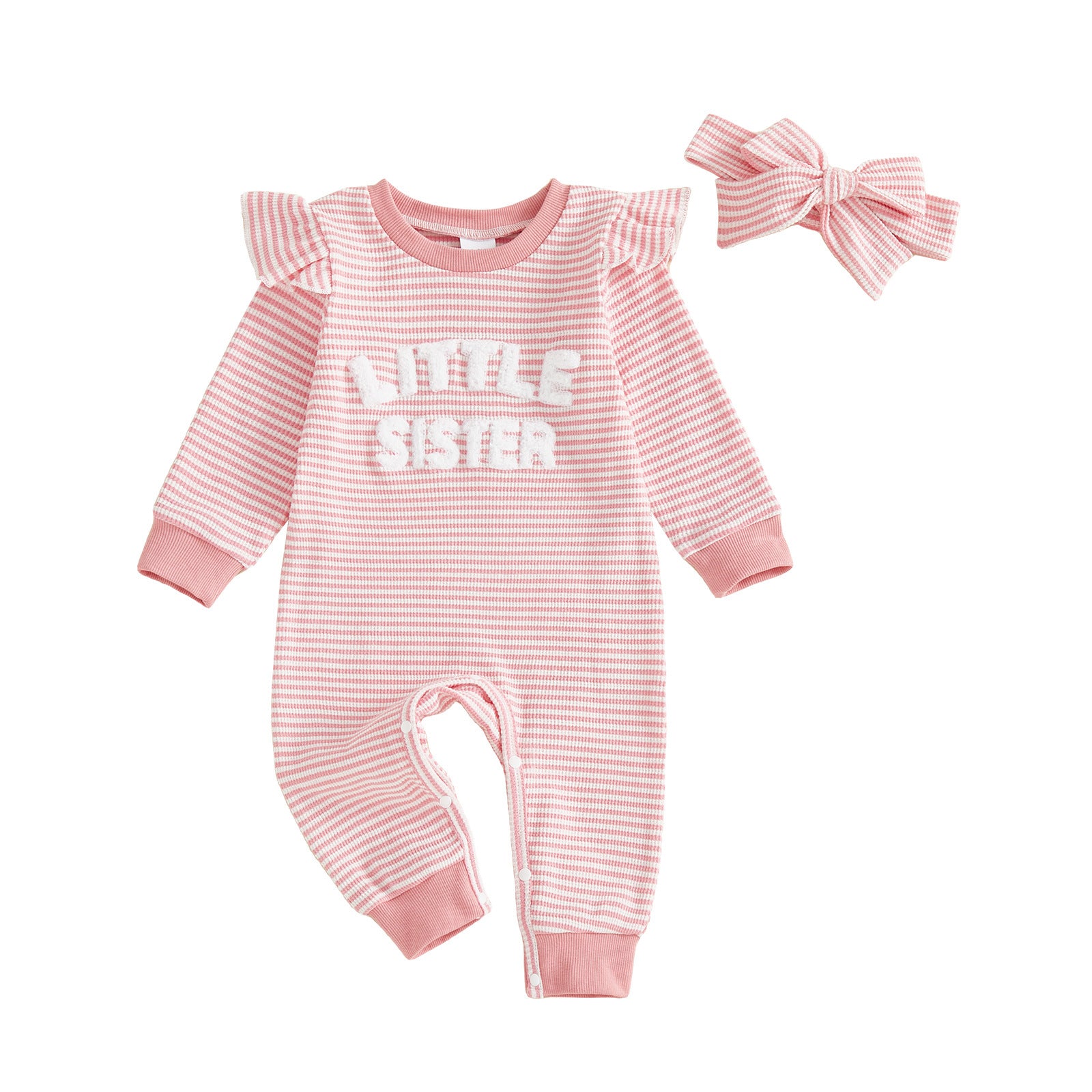 Girls Striped Embroidered Letter Flutter Sleeve Long-Sleeve Solid-Color Jumpsuit Cotton Headband