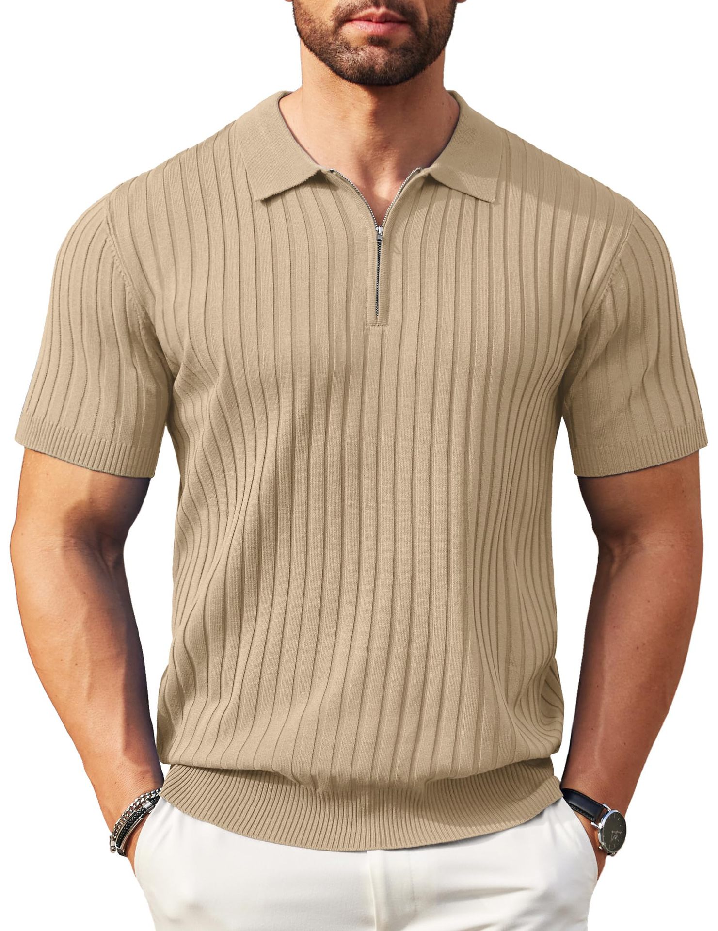 Mens Zip-Up Short-Sleeve Rib-Knit Polo T-Shirt Fashionable Casual Golf Shirt