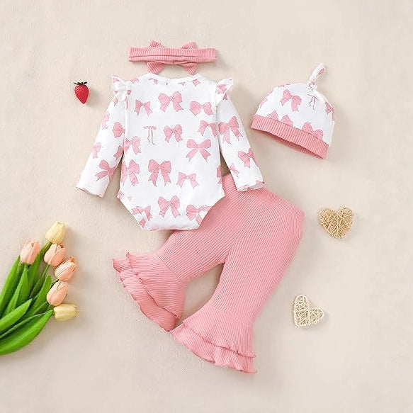 Long-style Romper With Flutter Sleeves Cute Flared Pants Hat And Headband
