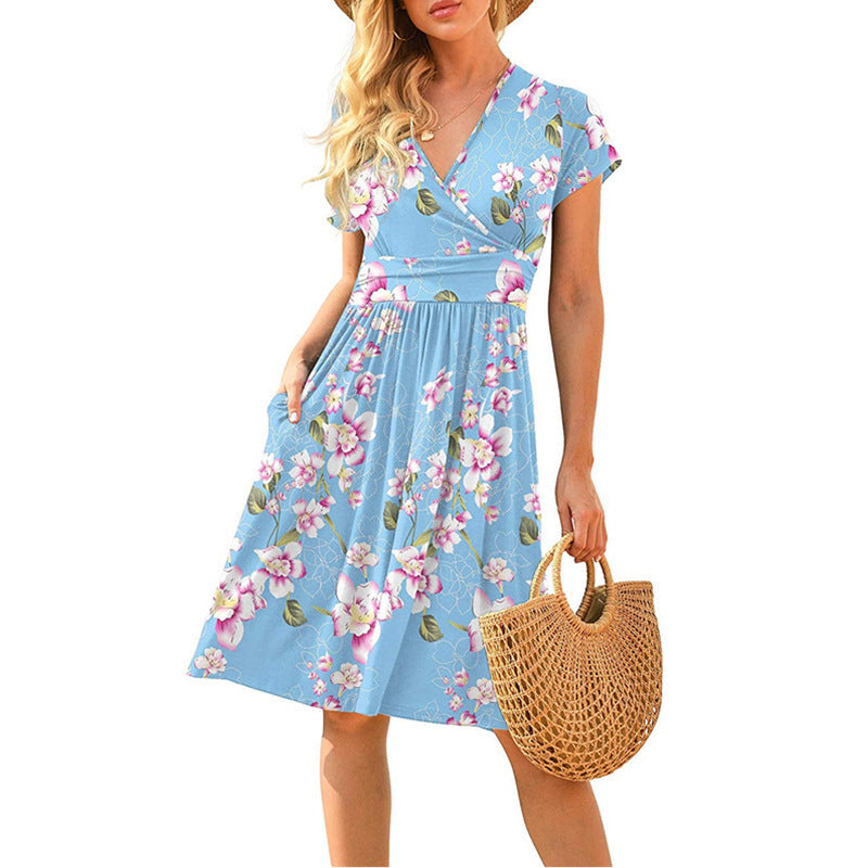Womens Short-Sleeve Printed Pocket Mid-Length Cinched Dress