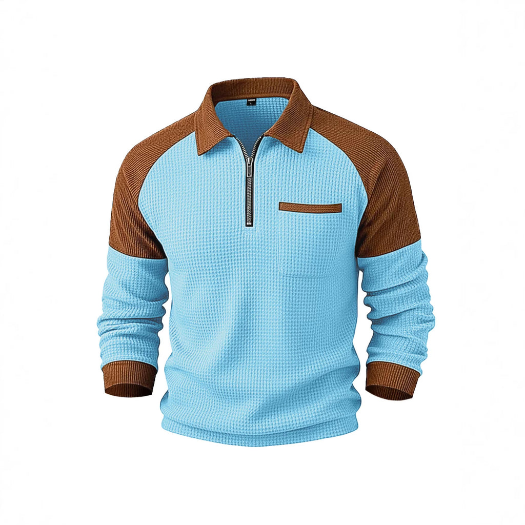 Men's Waffle-Weave Lapel Half-Zip Polo Shirt Top Casual Sweatshirt