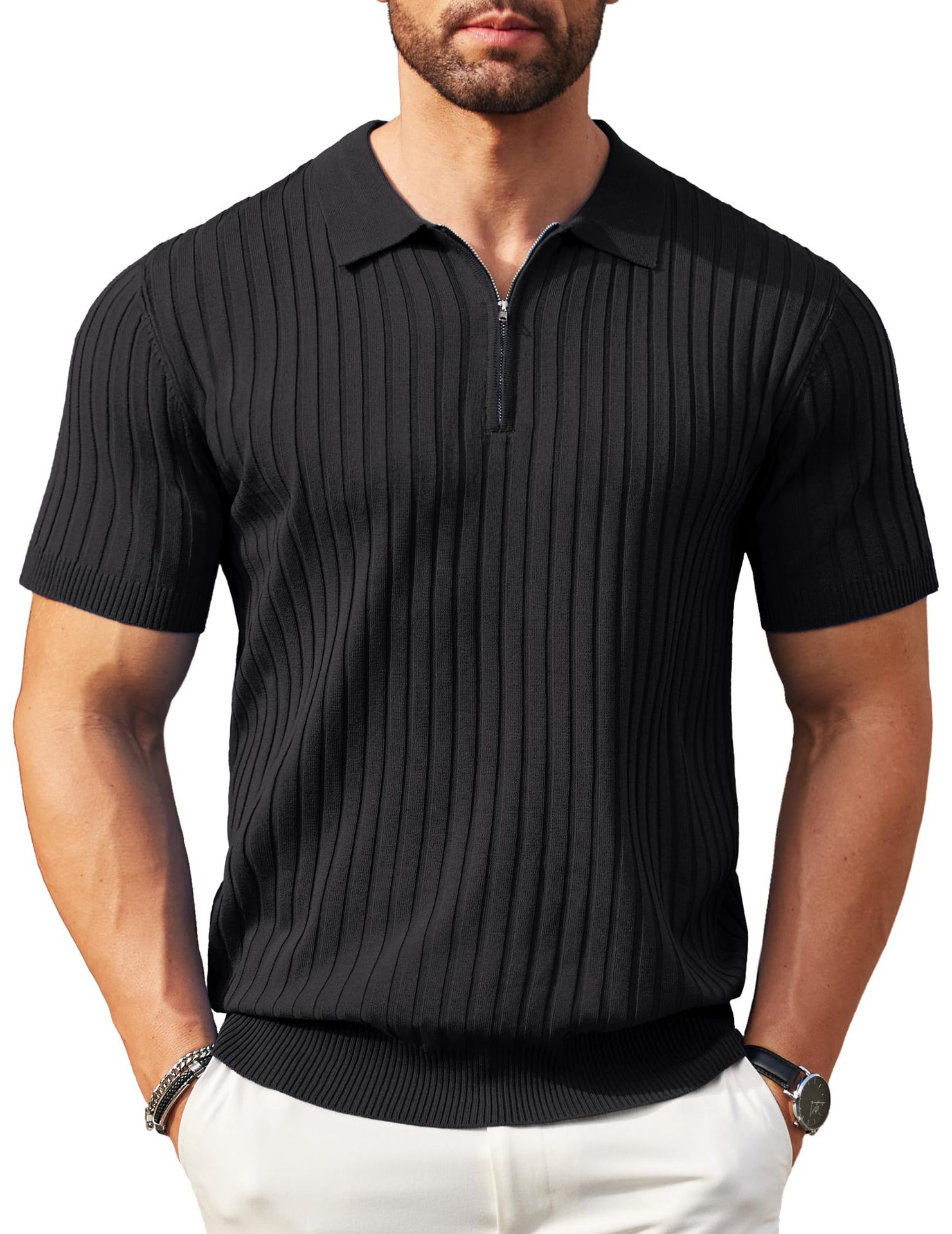 Mens Zip-Up Short-Sleeve Rib-Knit Polo T-Shirt Fashionable Casual Golf Shirt
