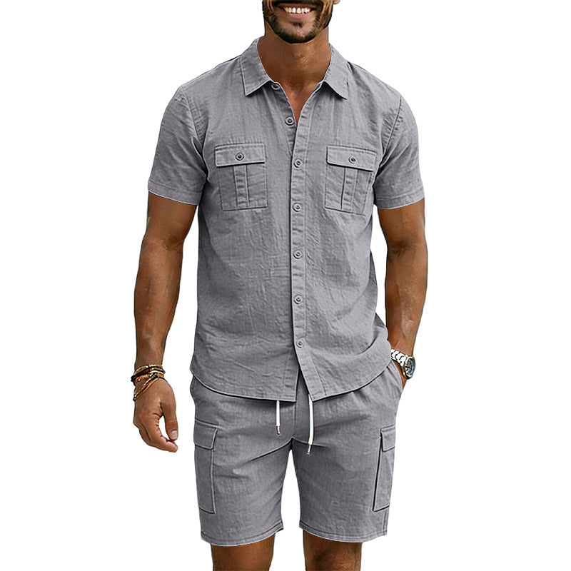 Men's Lapel Shirt And Multi-Pocket Shorts Set