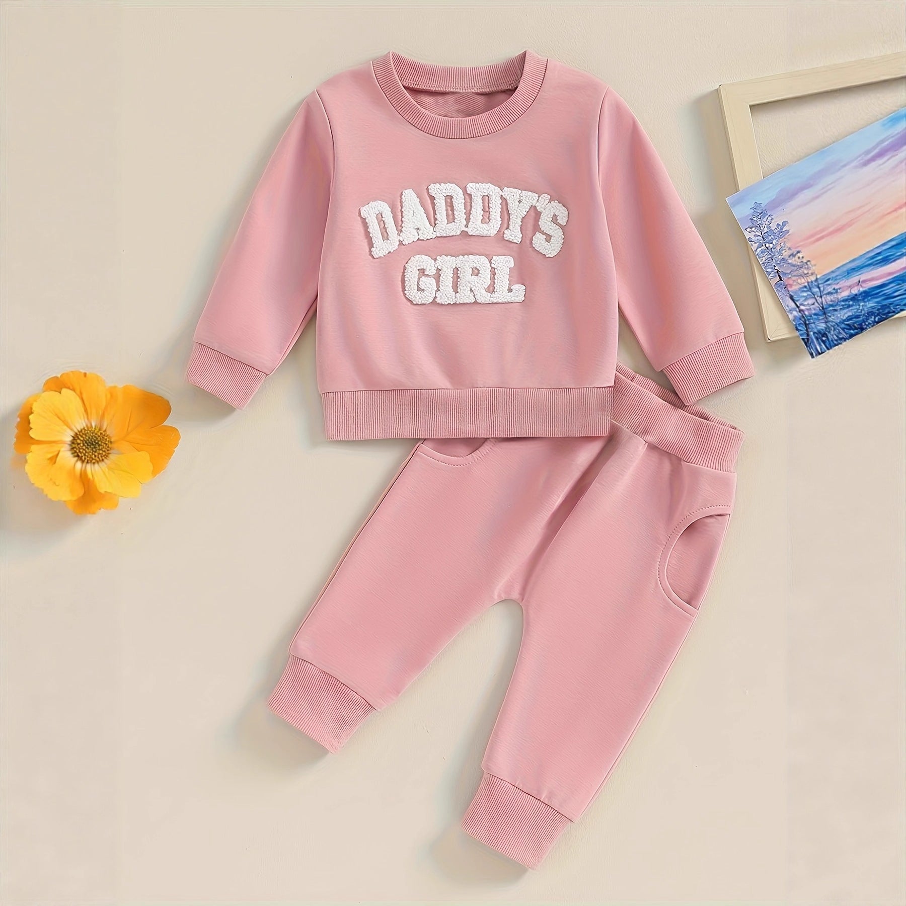 Kids Long-Sleeve Fleece Embroidered Letter Hoodie Solid-Colored Pants Set