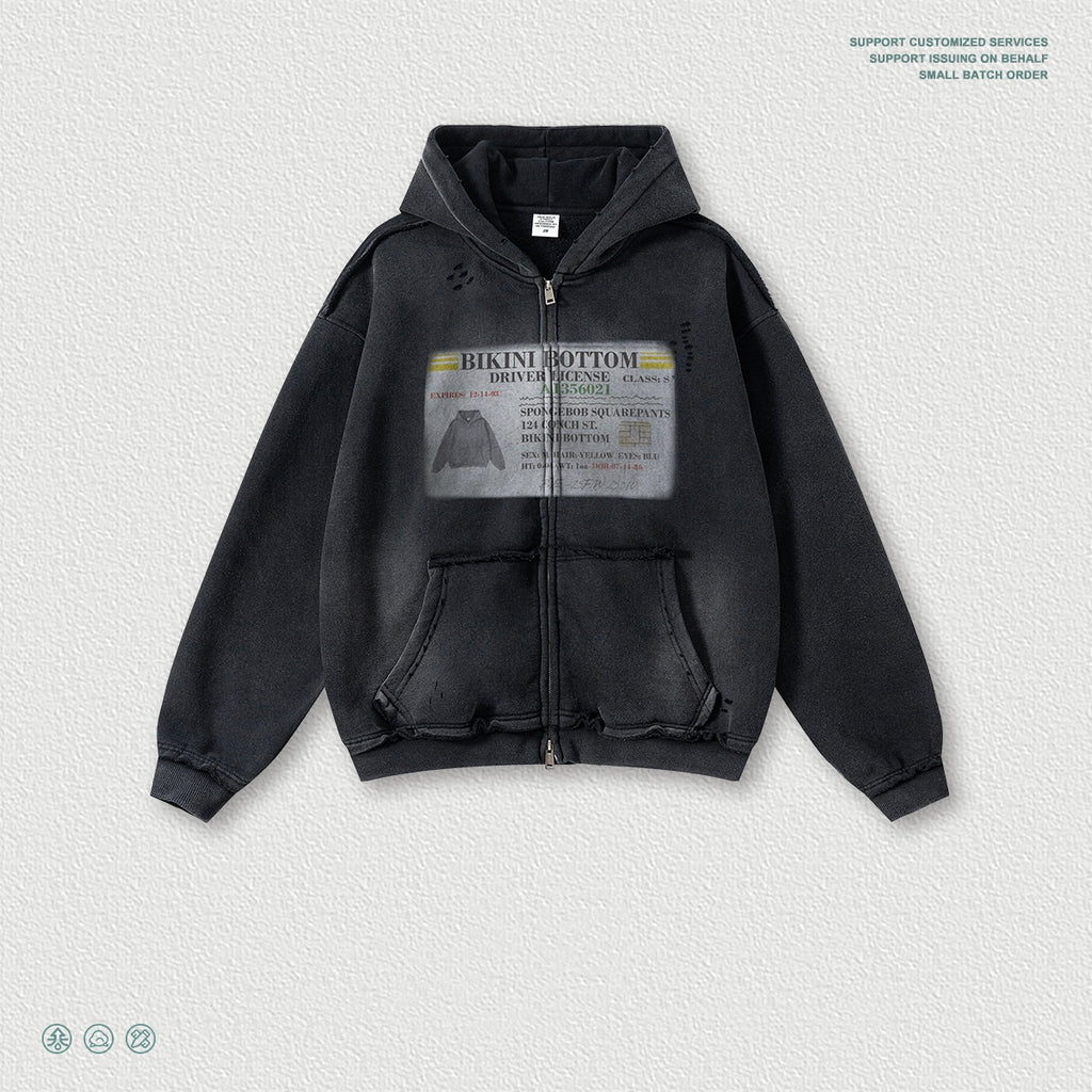 Mens Printed Ripped Zip-Up Hoodie Cardigan Coat