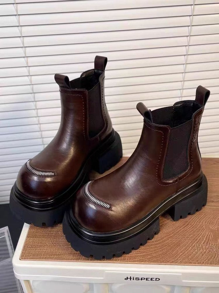 Women's Vintage Platform Chelsea Boots Chunky Lug Sole Zipper Decor Ankle Boots