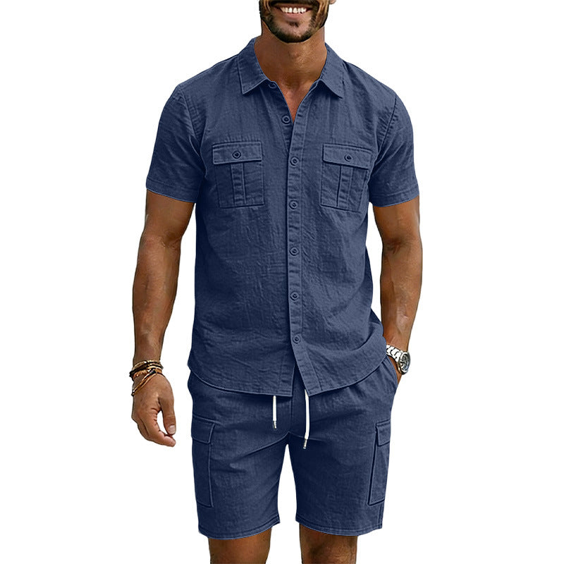 Men's Lapel Shirt And Multi-Pocket Shorts Set