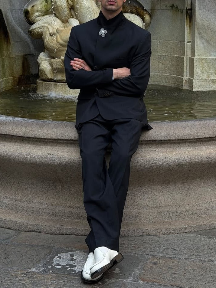 Black Mandarin Collar Zhongshan Style Suit Set