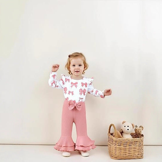 Long-style Romper With Flutter Sleeves Cute Flared Pants Hat And Headband