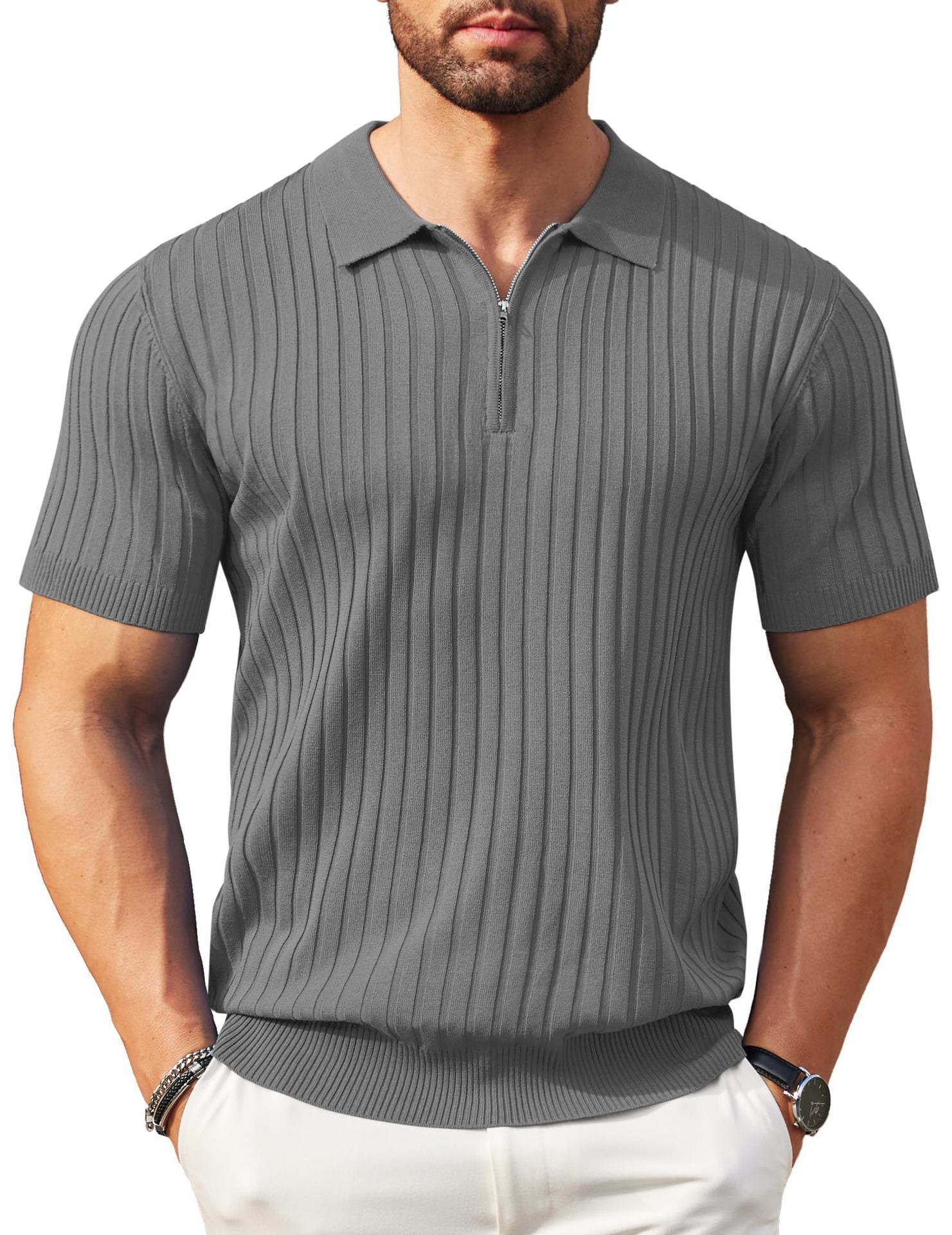 Mens Zip-Up Short-Sleeve Rib-Knit Polo T-Shirt Fashionable Casual Golf Shirt