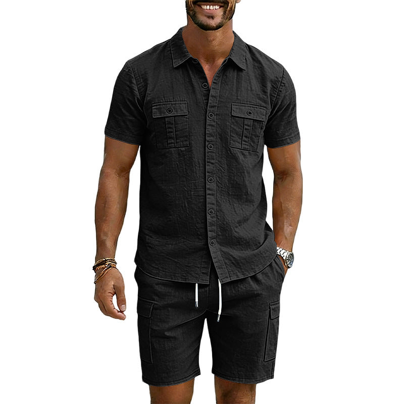 Men's Lapel Shirt And Multi-Pocket Shorts Set