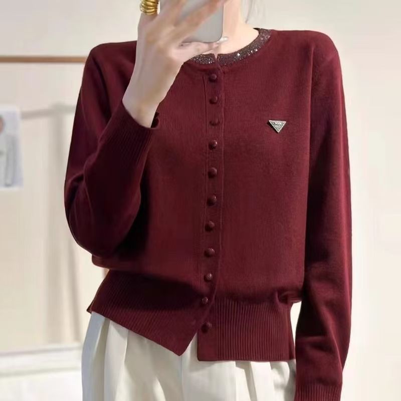 Womens Round-Neck, Diamond-Embellished, Solid-Colored Knit Cardigan