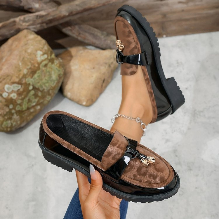 New 2025 Autumn Winter Korean Style Mid-Heel Retro Leopard Print Buckle Loafers, Lightweight Height-Increasing Non-Slip Casual Shoes