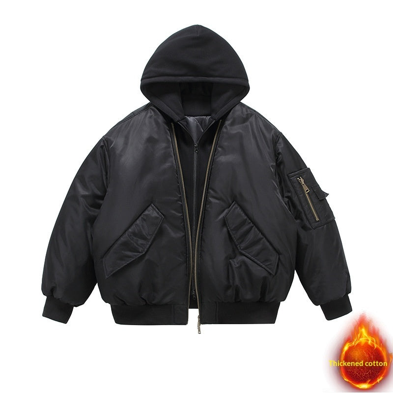 Mens Black Faux Two-Piece Hooded Flight Jacket Padded Coat