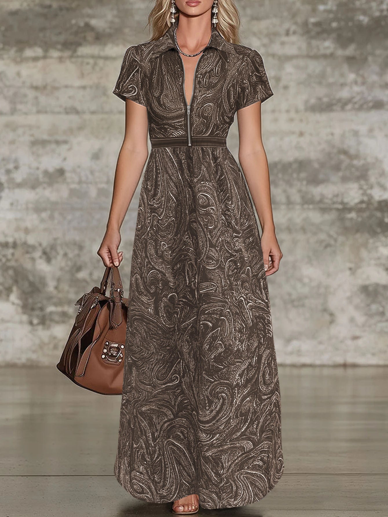 Printed Lapel Collar Defined Waist A-Line Maxi Dress