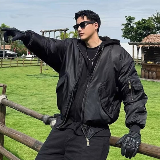 Mens Black Faux Two-Piece Hooded Flight Jacket Padded Coat