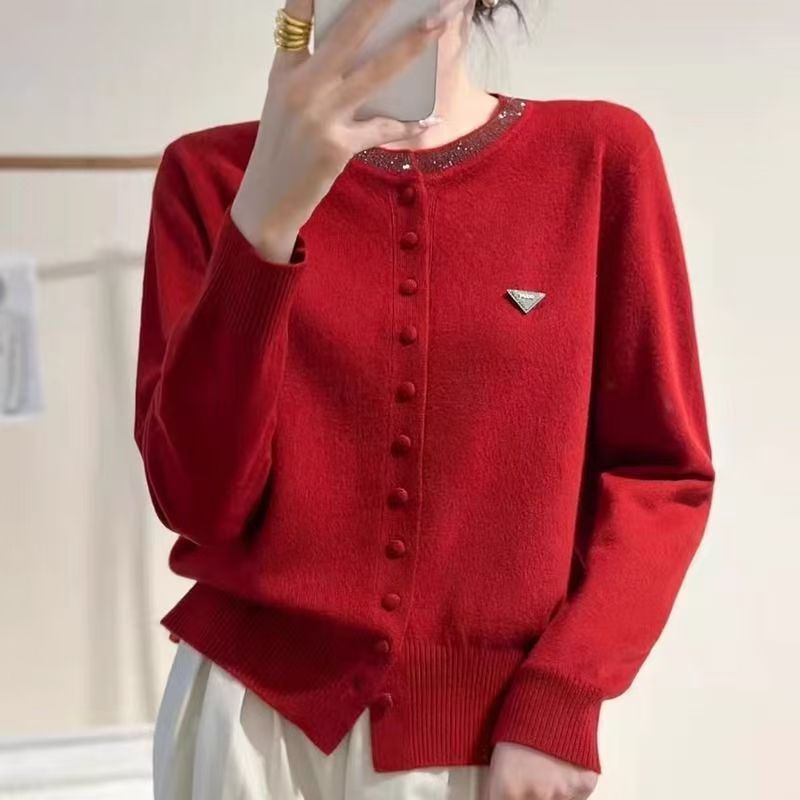 Womens Round-Neck, Diamond-Embellished, Solid-Colored Knit Cardigan