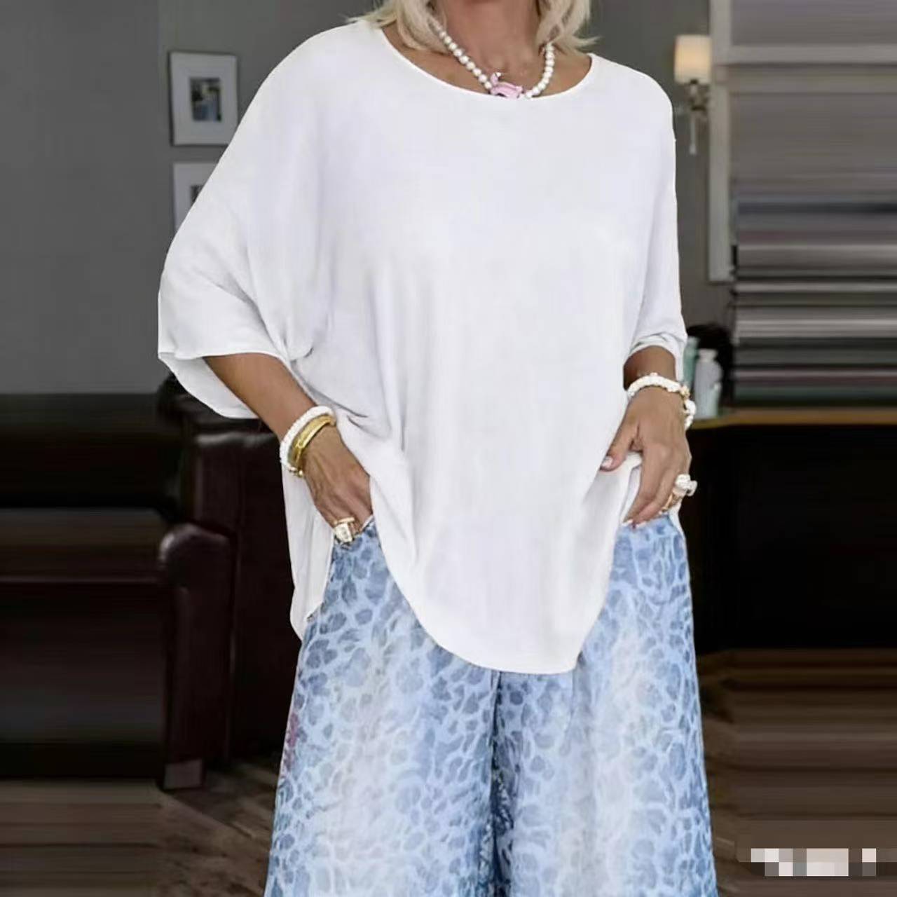 Womens Fashionable Loose Top And Wide-Leg Pants Two-Piece Set