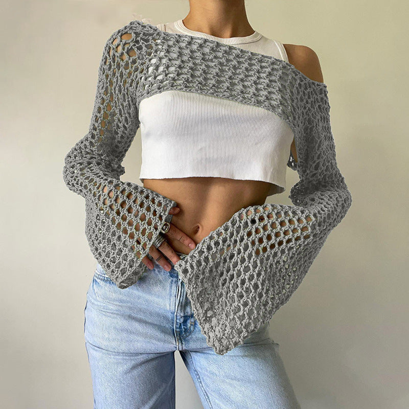 Women's Hand-Knitted Sweater, Casual Ultra-Short Style With Flared Sleeves