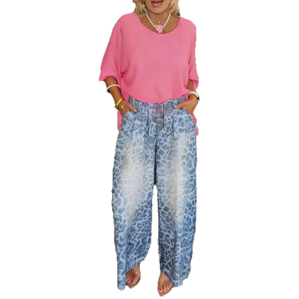 Womens Fashionable Loose Top And Wide-Leg Pants Two-Piece Set