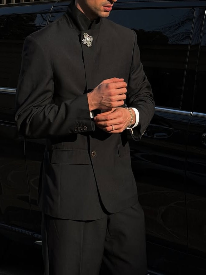 Black Mandarin Collar Zhongshan Style Suit Set