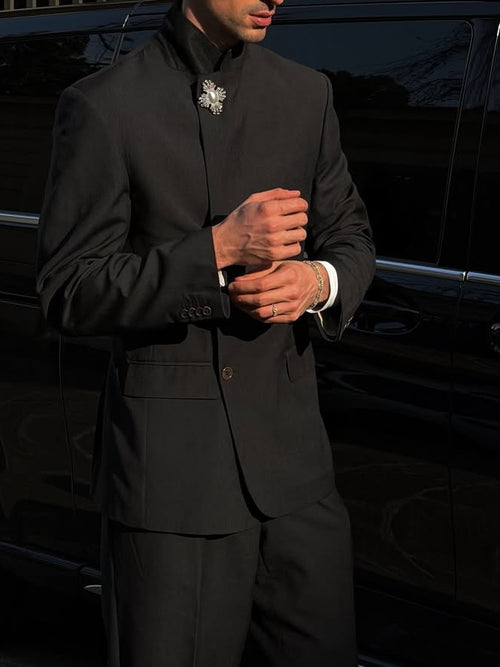 Black Mandarin Collar Zhongshan Style Suit Set