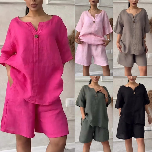 Cotton-linen Shirt Set With High-waisted Loose Shorts For Women