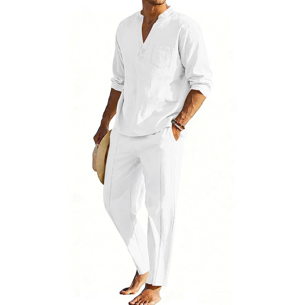 Casual Men's Henley Long-Sleeve Straight-Leg Pants Set