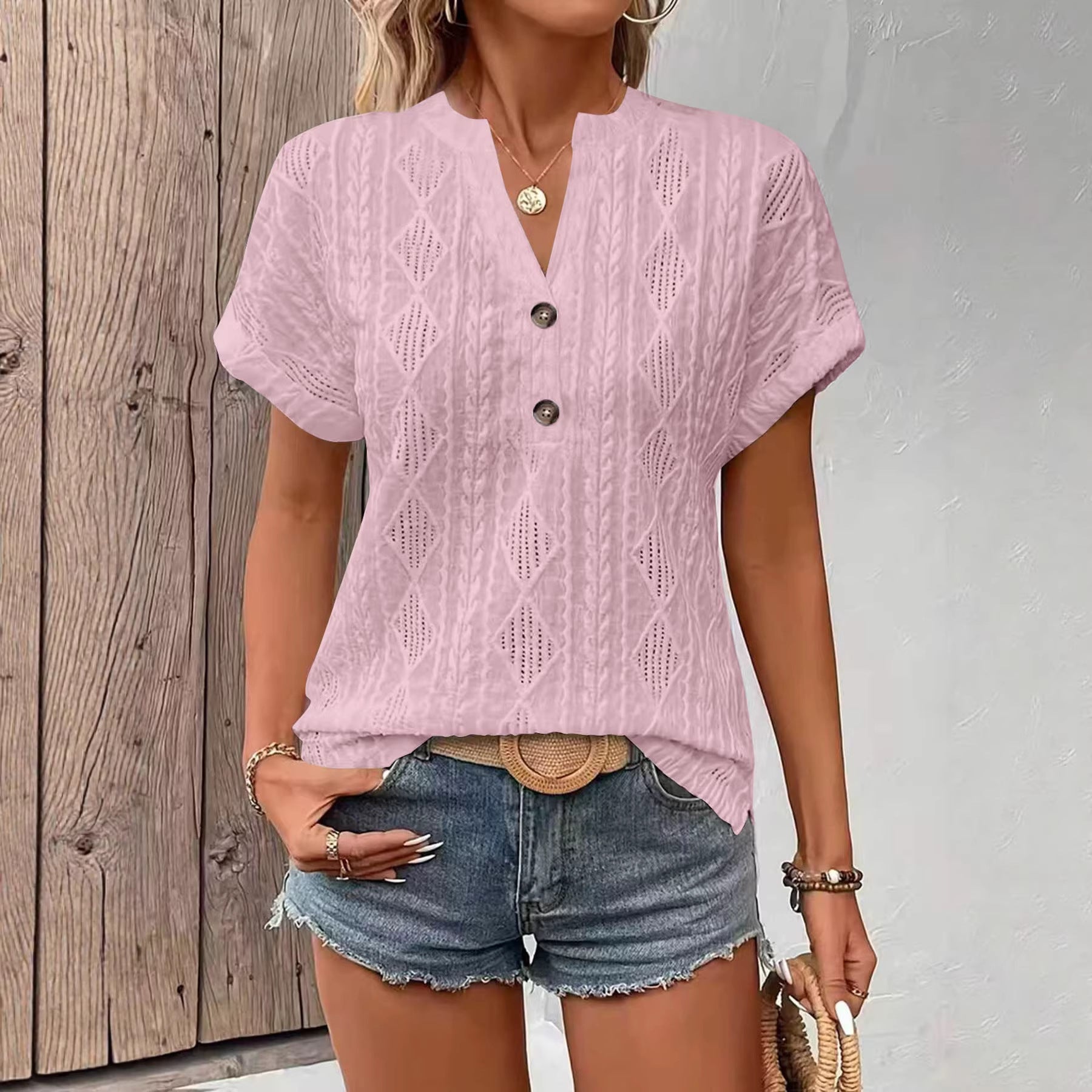 Fashionable Casual Solid-Color Buttoned V-Neck T-Shirt For Women