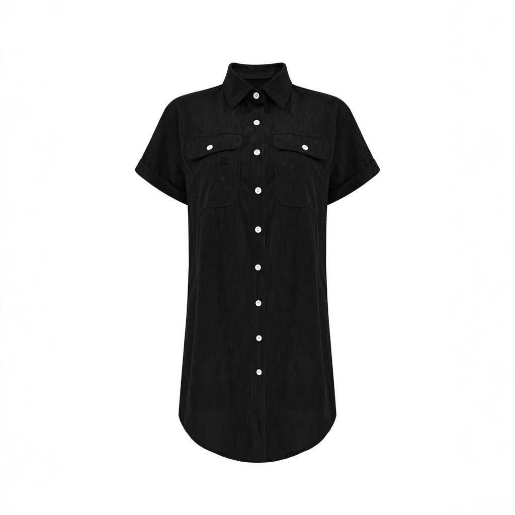 Retro Casual Corduroy Shirt Dress Loose Short-Sleeve Dress