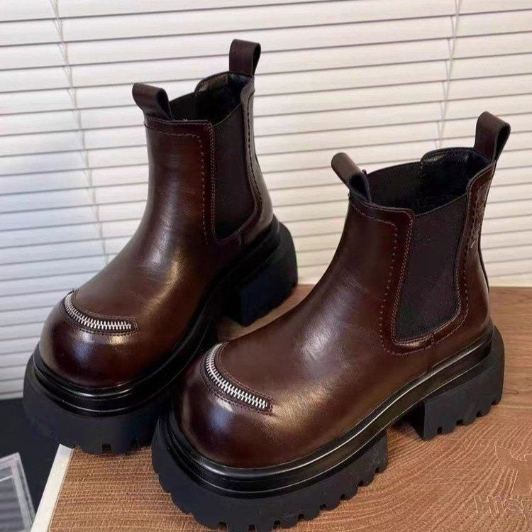 Women's Vintage Platform Chelsea Boots Chunky Lug Sole Zipper Decor Ankle Boots
