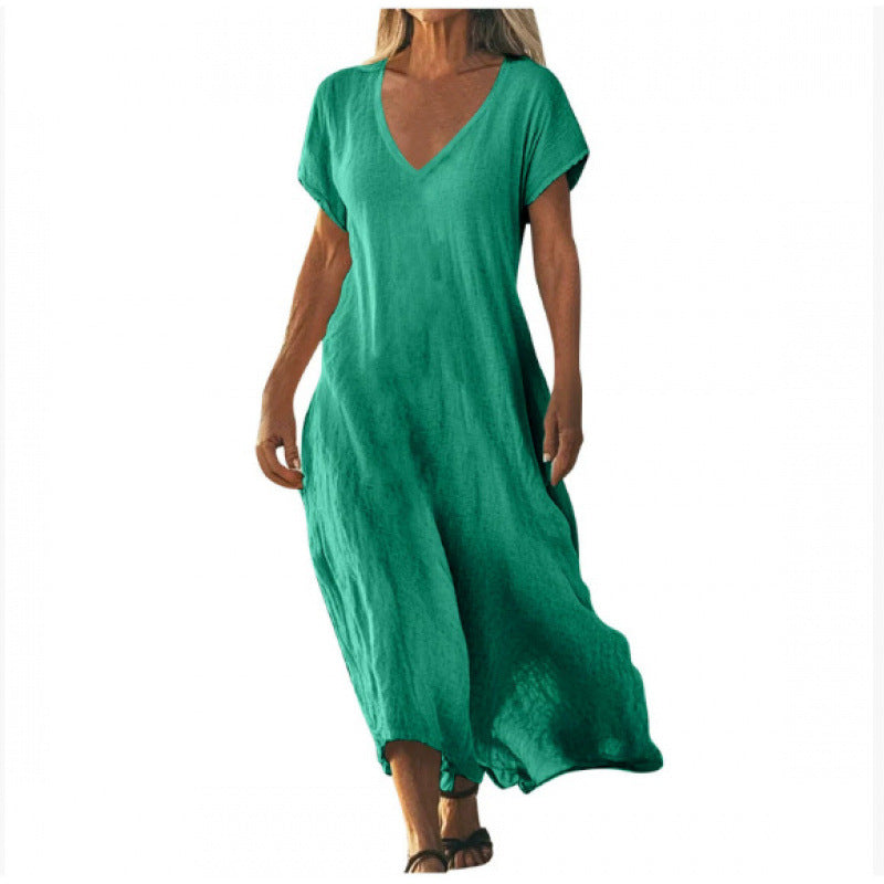 Cotton Linen V-neck Short Sleeve Loose Dress Women's Clothing