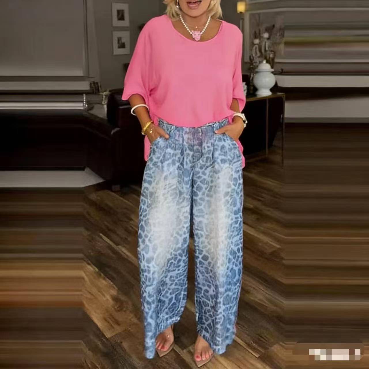 Womens Fashionable Loose Top And Wide-Leg Pants Two-Piece Set