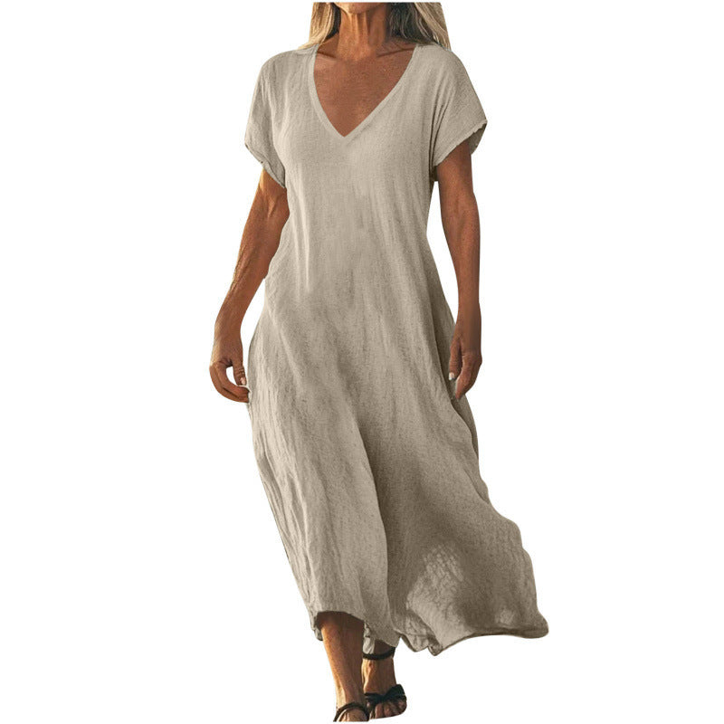 Cotton Linen V-neck Short Sleeve Loose Dress Women's Clothing