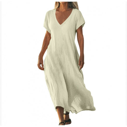 Cotton Linen V-neck Short Sleeve Loose Dress Women's Clothing