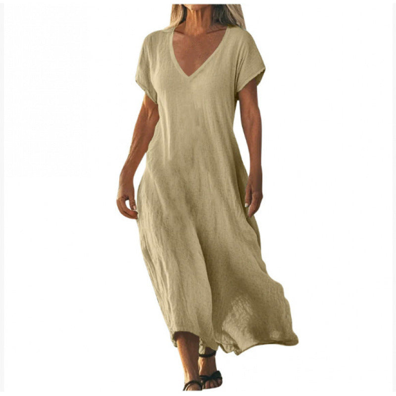 Cotton Linen V-neck Short Sleeve Loose Dress Women's Clothing