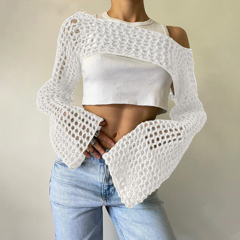 Women's Hand-Knitted Sweater, Casual Ultra-Short Style With Flared Sleeves