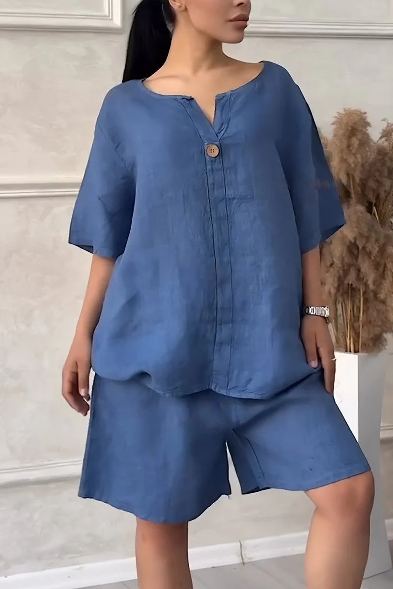 Cotton-linen Shirt Set With High-waisted Loose Shorts For Women