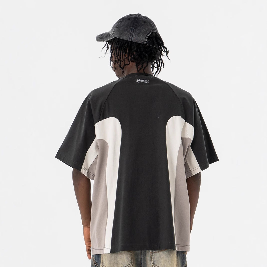 Mens American Retro Racing Club Patchwork Crewneck Short-Sleeve T-Shirt