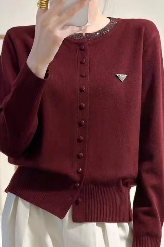 Womens Round-Neck, Diamond-Embellished, Solid-Colored Knit Cardigan