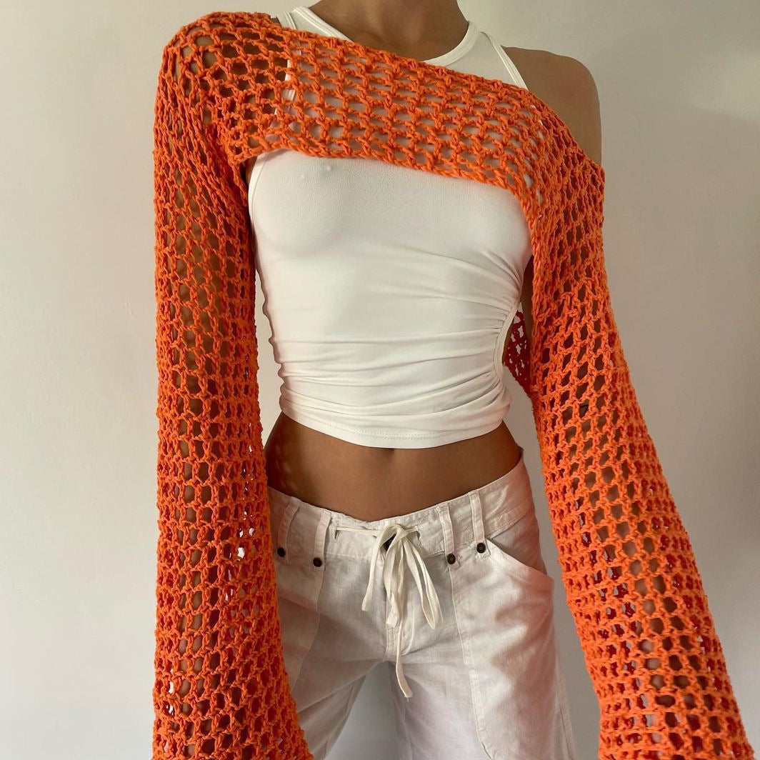Women's Hand-Knitted Sweater, Casual Ultra-Short Style With Flared Sleeves