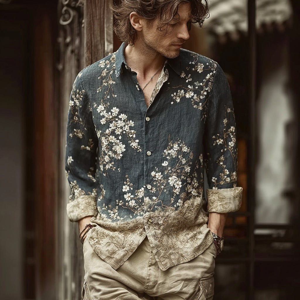 Mens Simple Lapel-Style Printed Long-Sleeve Shirt