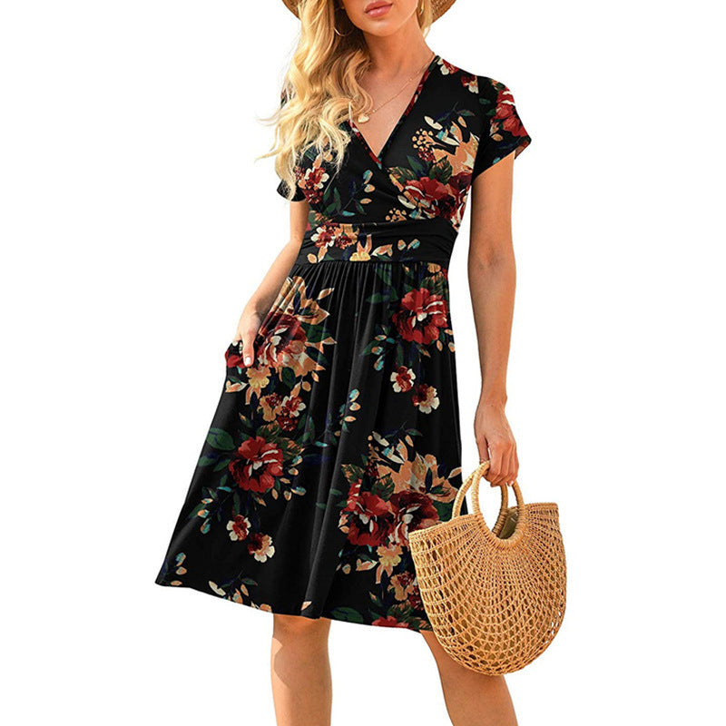Womens Short-Sleeve Printed Pocket Mid-Length Cinched Dress