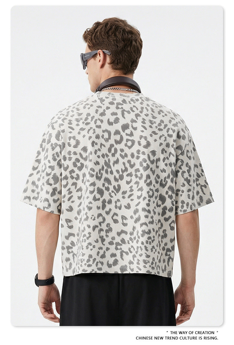 Plus-size Casual Loose-fit Leopard-print Crewneck Short-sleeve T-shirt