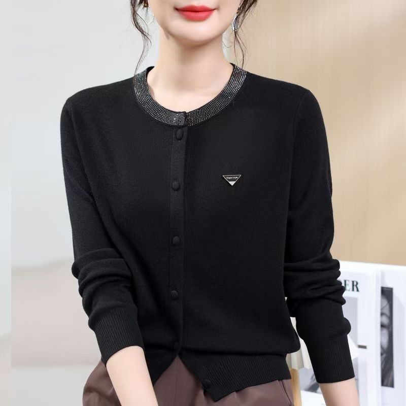 Womens Round-Neck, Diamond-Embellished, Solid-Colored Knit Cardigan